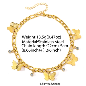 Detail showing 3D butterfly charms and round zircon accents on a gold stainless chain