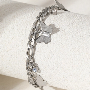 Silver stainless steel chain anklet with 3D butterfly pendant and zircon accent