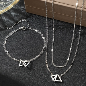 Parure collier et bracelet en acier inoxydable argenté avec pendentifs triangle chic