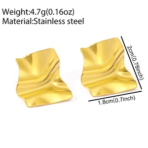 Detail of 2cm x 1.8cm golden irregular wavy square stainless steel earrings, weight 4.7g