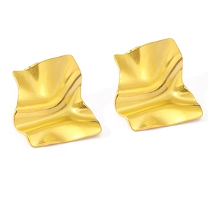 Modern gold wavy pleated square earrings in stainless steel with a textured finish