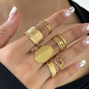 Geometric Stainless Steel Ring 18K Gold Plated Open Adjustable Heart Wave Textured Minimalist Fashion Jewelry Women