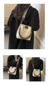 Multiple views of a cream bucket bag featuring woven handle and patterned wide strap