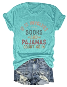 Detail of teal cotton t-shirt with book slogan paired with distressed denim shorts