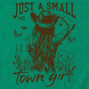 Detail view of cotton t-shirt featuring vintage western girl print and artistic lettering