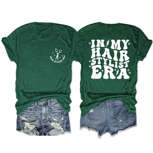 Detailed front and back view of green Hair Stylist Era T-shirt and denim shorts set