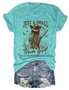 Detail of teal short sleeve T-shirt with vintage graphic and denim shorts set