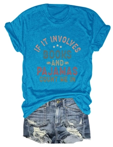 Flat lay of blue cotton t-shirt with book slogan print and distressed denim shorts