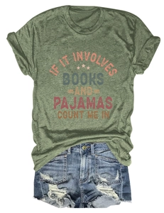 Olive green crew neck t-shirt with book slogan paired with distressed denim shorts set