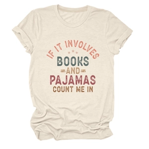 Detail of oatmeal crew neck t-shirt with book and pajamas slogan print on cotton fabric