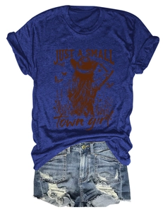 Flat lay of navy t-shirt with Just A Small Town Girl print and vintage denim shorts