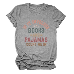 Detail of grey crewneck T-shirt featuring 'If It Involves Books' graphic and star accents