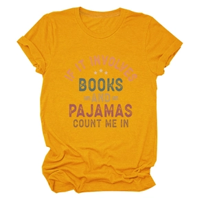 Detail of cotton t-shirt with book lover quote print and folded sleeve cuffs in mustard yellow
