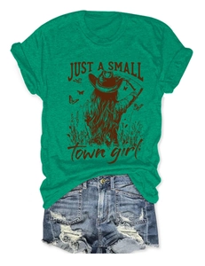 Flat lay of green round neck T-shirt with vintage print and distressed denim shorts