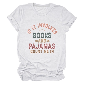 Detail of white cotton T-shirt featuring vintage text print about books and pajamas