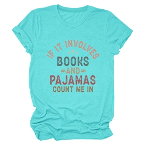 Close-up of retro text print on turquoise cotton round neck short sleeve t-shirt
