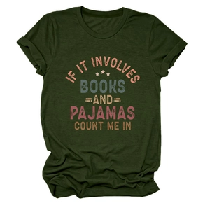 Close-up of soft cotton dark green T-shirt fabric with vintage book slogan print