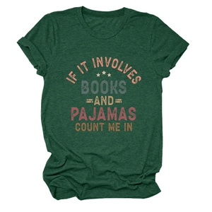 Detail of green cotton T-shirt featuring vintage book slogan print and rolled sleeve design