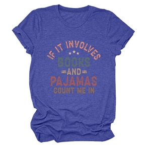 Detail of navy blue crew neck tee with 'Books and Pajamas' slogan and star patterns