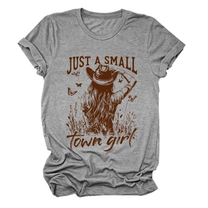 Detail of grey heather t-shirt featuring vintage Just a Small Town Girl graphic print