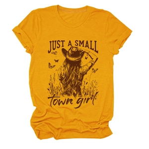 Detail of the vintage graphic print and soft yellow fabric texture of the women's t-shirt