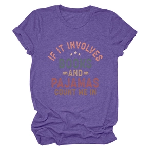 Detail of purple cotton blend T-shirt with 'If it involves books' slogan and graphics
