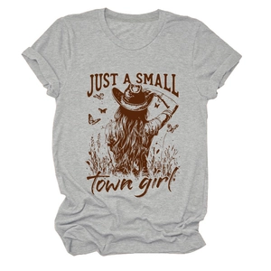 Detail of grey cotton T-shirt featuring a vintage western girl and butterfly print
