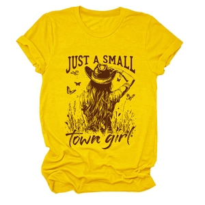 Close-up of vibrant yellow cotton T-shirt featuring a vintage girl and butterfly print