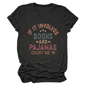 Detail view of cotton blend gray t-shirt with books and pajamas slogan print