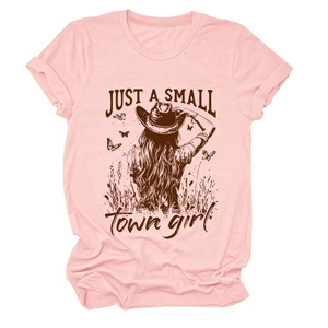 Pink cotton crewneck T-shirt featuring 'JUST A SMALL TOWN girl' graphic with cowboy hat