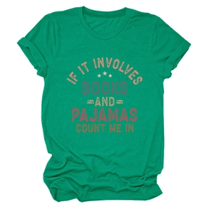 Detail of green cotton T-shirt featuring retro 'If It Involves Books' printed text
