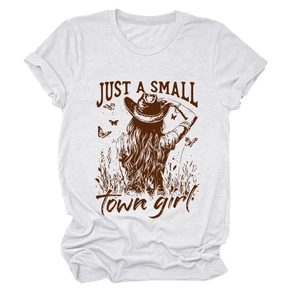 Detail of white cotton T-shirt featuring retro JUST A SMALL TOWN girl graphic print