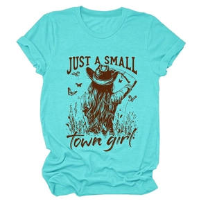 Detail of teal crew neck t-shirt featuring a cowgirl and butterfly artistic print
