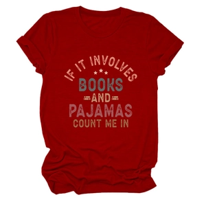 Detail of soft cotton dark red T-shirt with 'Books and Pajamas' vintage graphic print