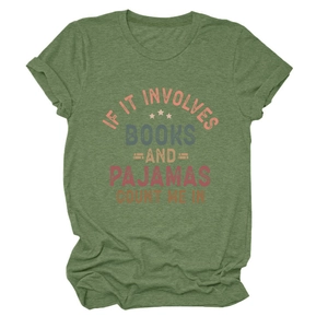 Detail of rolled cuffs and colorful printed quote on grass green cotton t-shirt