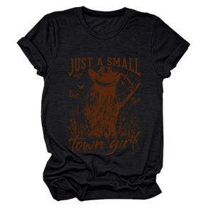 Detail of vintage Just a Small Town Girl graphic print on black cotton t-shirt