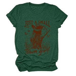 Detail of Just A Small Town Girl print on heather green short sleeve t-shirt