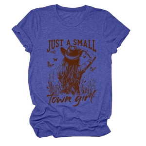 Detail of navy blue t-shirt featuring vintage Just a Small Town Girl cowboy print