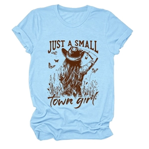 Sky blue t-shirt with vintage American cowgirl graphics and Just a Small Town Girl slogan