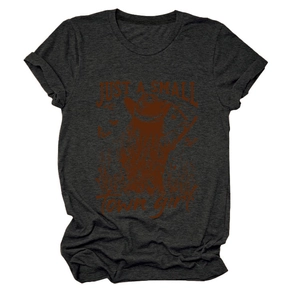 Close-up of the vintage Just a Small Town Girl graphic on a dark grey cotton blend t-shirt