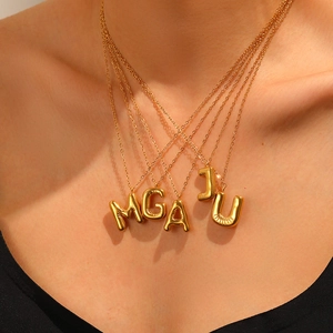 Balloon Letter Pendant Necklace Stainless Steel 3D Puffy Initial A-Z High Polished Trendy Minimalist Simple For Women