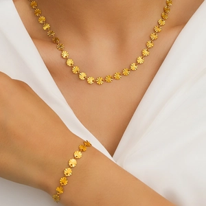 Stainless Steel Necklace And Bracelet Jewelry Set Sunburst Texture Round Disc Charms Minimalist Fashion For Women Men Adjustable
