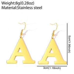 Detailed view of gold letter A drop earrings with weight and size specifications