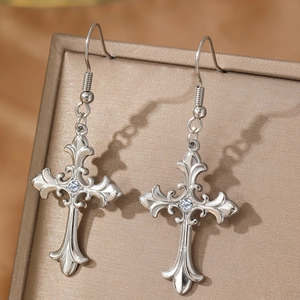Gothic vintage stainless steel cross earrings with fleur-de-lis and central crystal