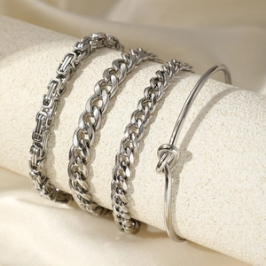 Retro silver chunky chain and knot cuff stainless steel bracelet set for women