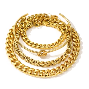 4-piece vintage gold stainless steel thick chain and knot bangle stacking jewelry set