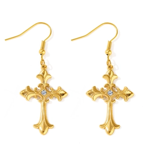Gothic vintage stainless steel cross drop earrings with sparkling center zircon crystal