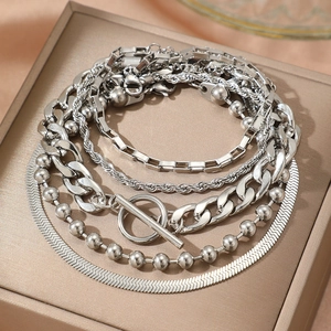 Multi-layer stainless steel chain bracelet set with OT toggle clasp in silver finish