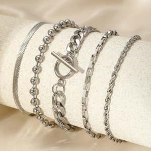 Five-piece silver stainless steel layered bracelet set with OT buckle for women