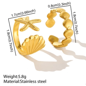 Detailed size specifications for starfish and seashell adjustable stainless steel rings